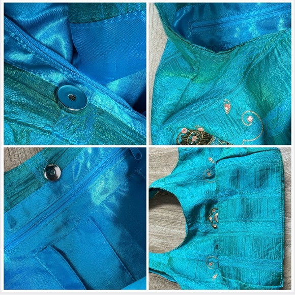 🆕🎁Gold embellished silk-like bright turquoise shoulder purse-vintage-like new - Picture 12 of 16